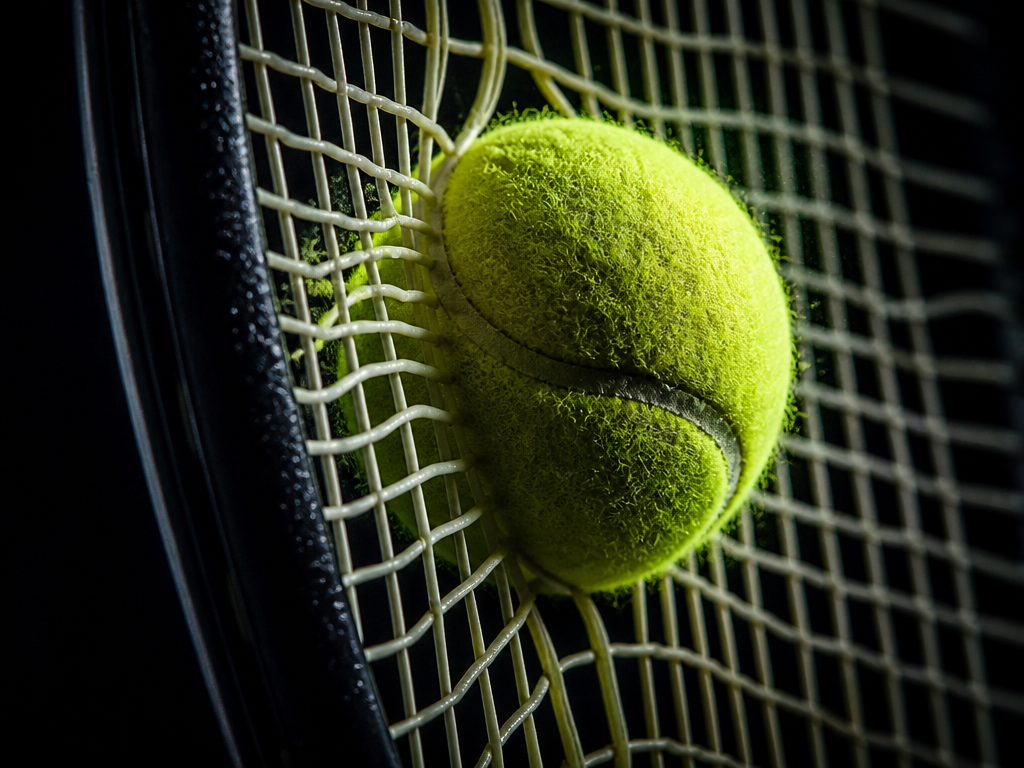 A tennis ball mid-compression against a stringbed in slow motion, captured with a high-speed…