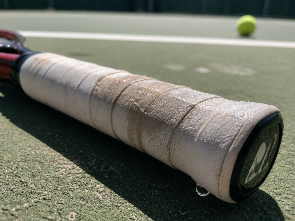 Close-up macro photograph of a tennis racquet handle wrapped in a worn, slightly frayed…