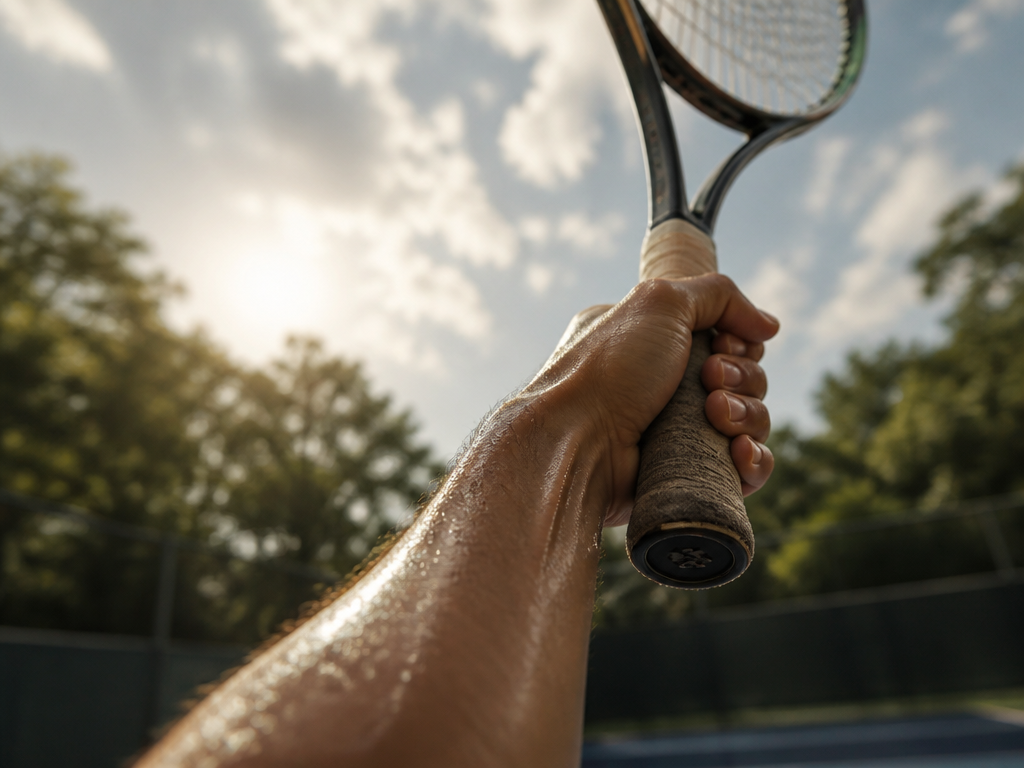 Low-angle shot of a tennis player's right hand gripping a racquet handle, taken from…