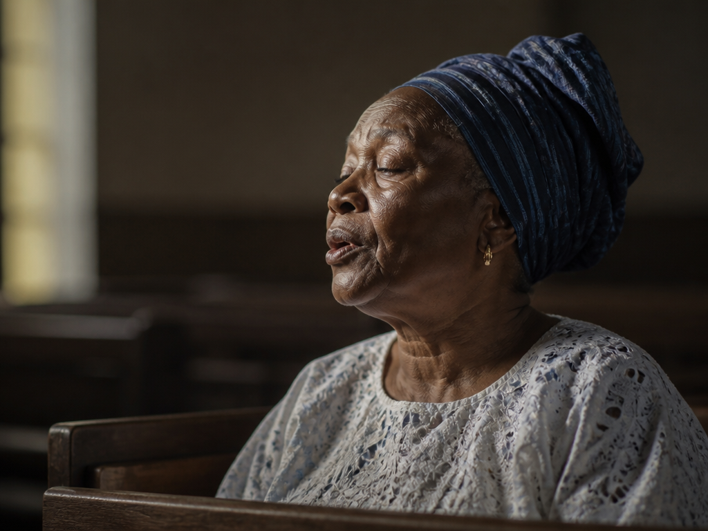 A photorealistic environmental portrait of an elderly Yorùbá woman seated in a wooden pew…