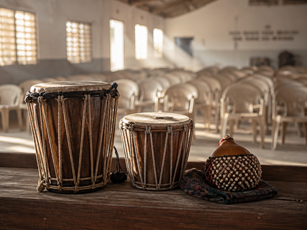 A photorealistic documentary photograph taken from the back row of a bright Nigerian church…