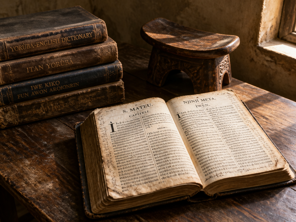 A photorealistic still-life photograph on a scarred wooden table in a study: a well-worn…