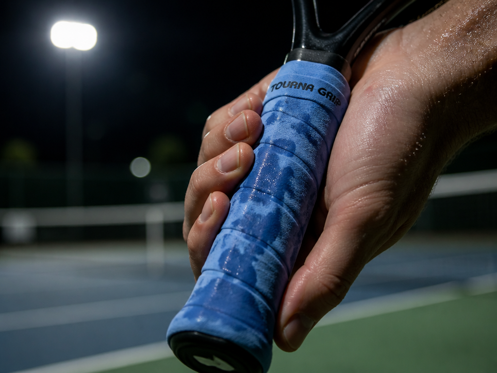 A close-up, macro-style photograph of a tennis racquet handle wrapped in a sweat-darkened pale-blue…