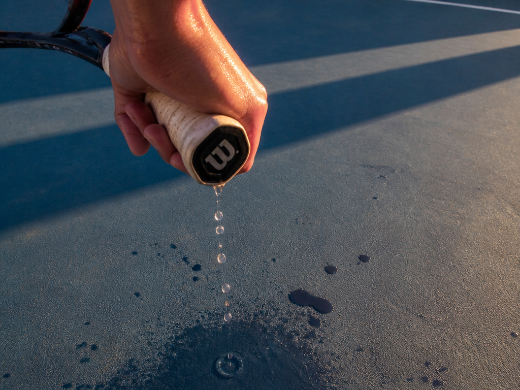 A low-angle photograph looking down at a tennis player's hand wringing sweat from the…