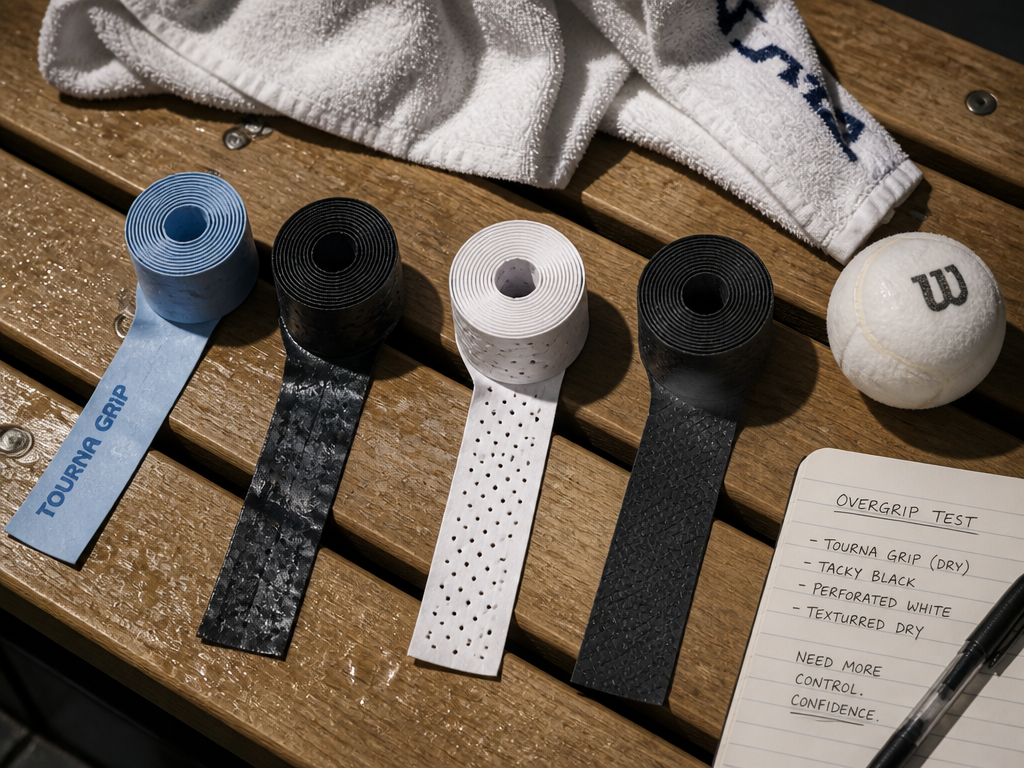 A flat-lay photograph on a wooden locker room bench showing four different overgrip rolls…