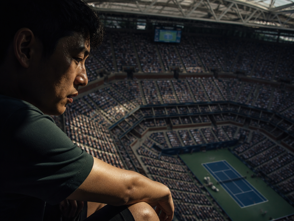 A tight portrait shot from a low angle of a single spectator sitting in…