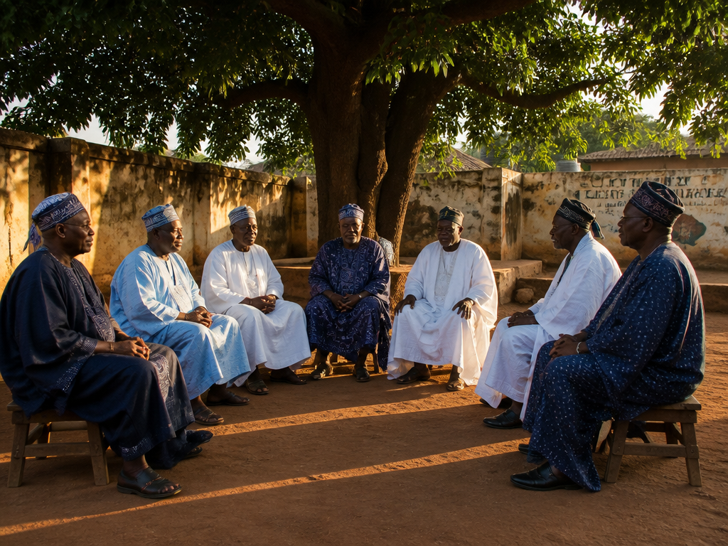 A wide documentary photograph of an open-air courtyard in Ọ̀yọ́ State, Nigeria in late…