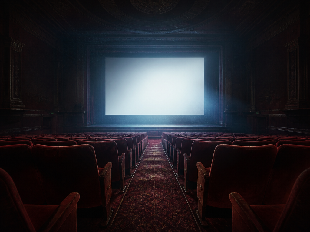 A moody still-life photograph of an empty cinema auditorium before a screening, rows of…