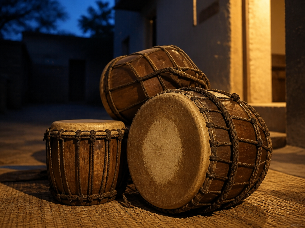A close, low-angle photograph of a set of Yoruba bàtá drums resting on a…