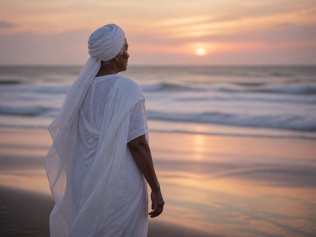 An environmental portrait of an elderly woman standing at the edge of an ocean…