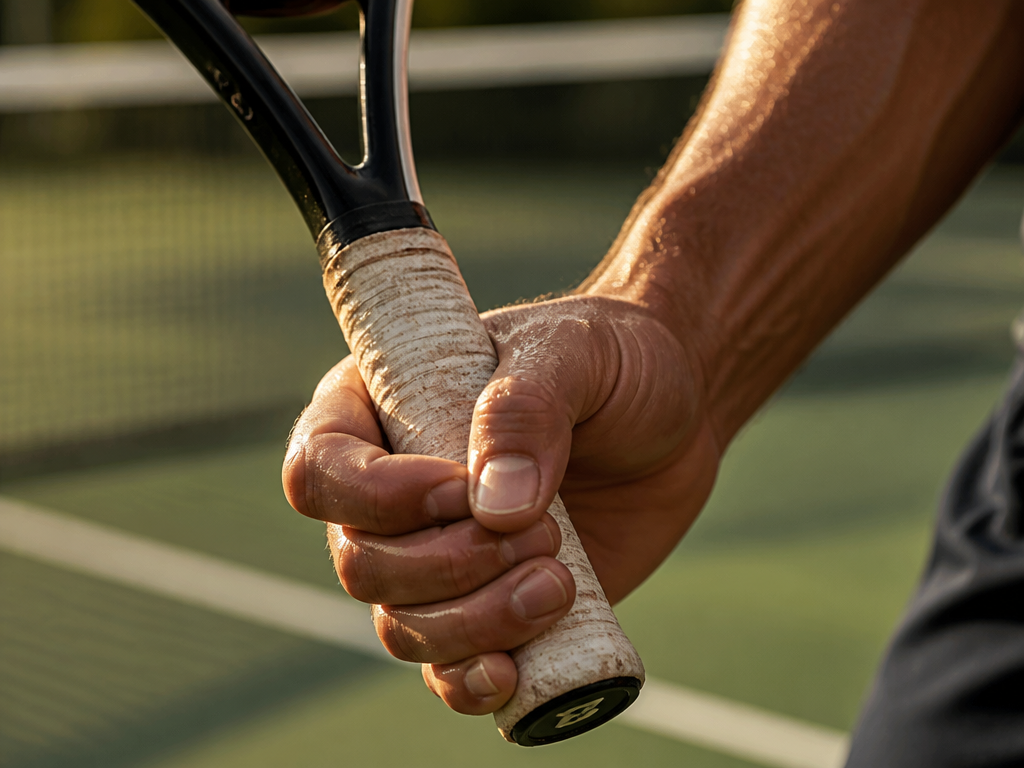 A close-up macro shot of a tennis racquet handle wrapped in a sweat-soaked white…
