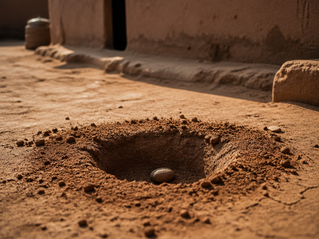 A weathered earthen compound floor in a Nigerian village at midday, freshly dug shallow…