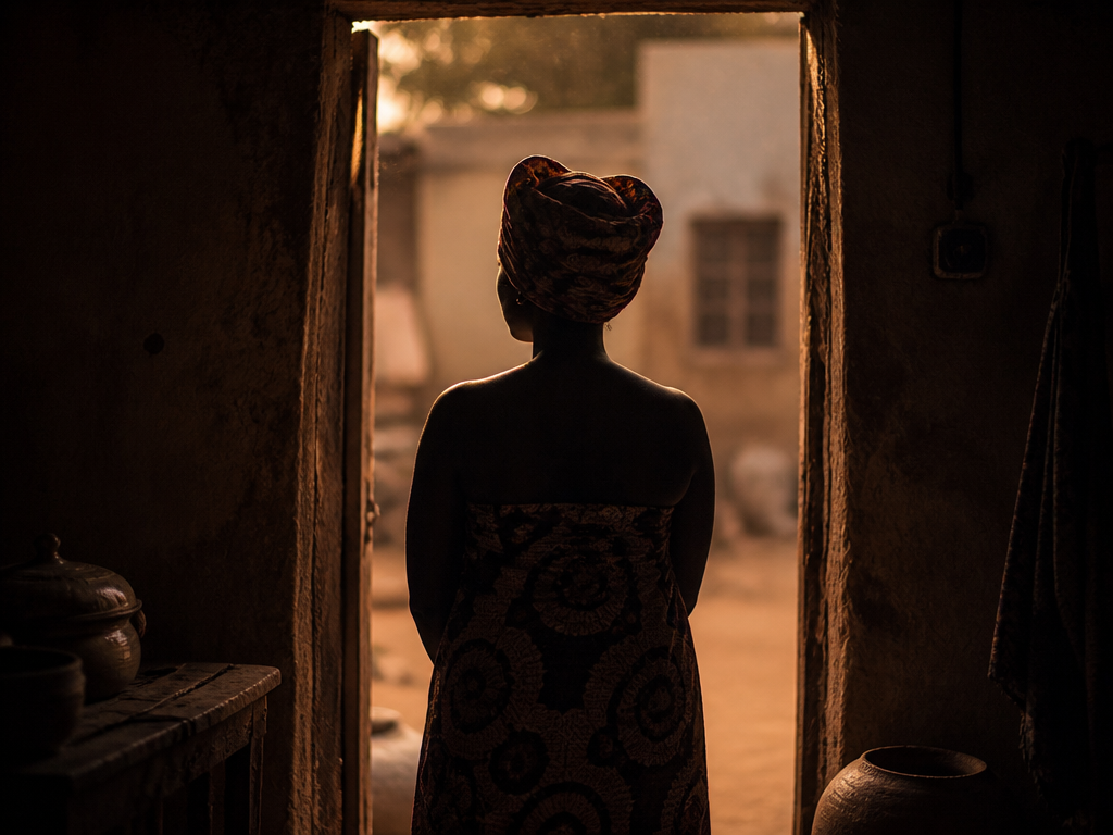A quiet interior doorway in a West African home at dusk, a woman standing…