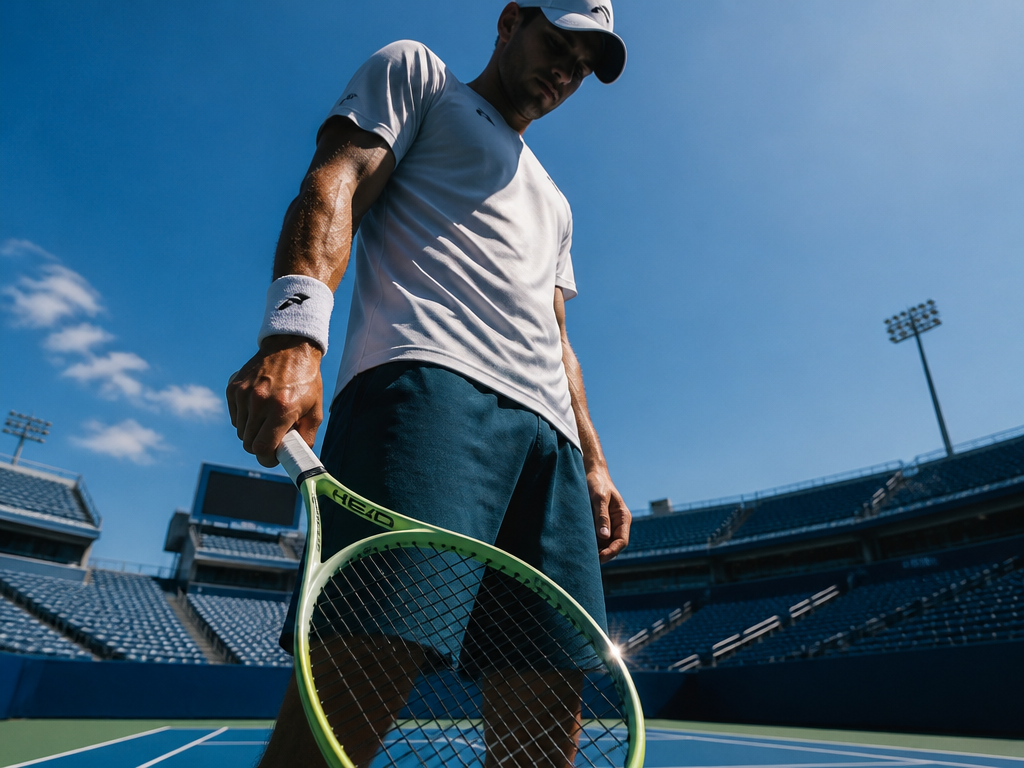 A low-angle shot looking up at a male tennis player standing motionless on a…