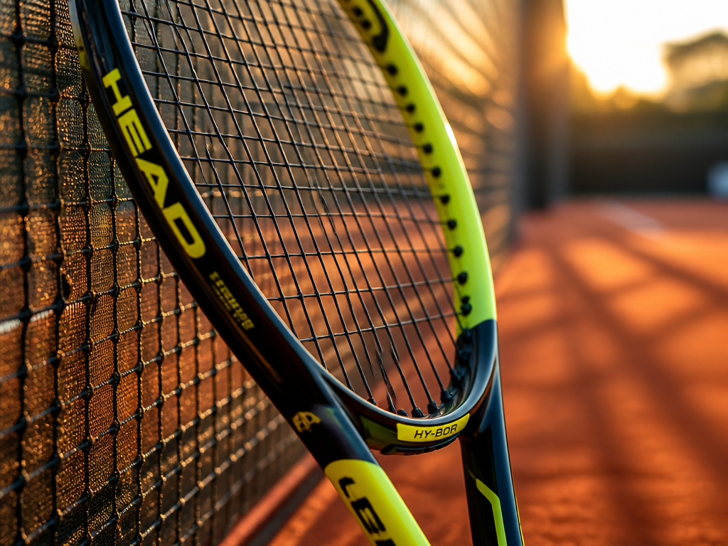 A close-up macro photograph of a brand new HEAD Extreme 2026 tennis racquet leaning…