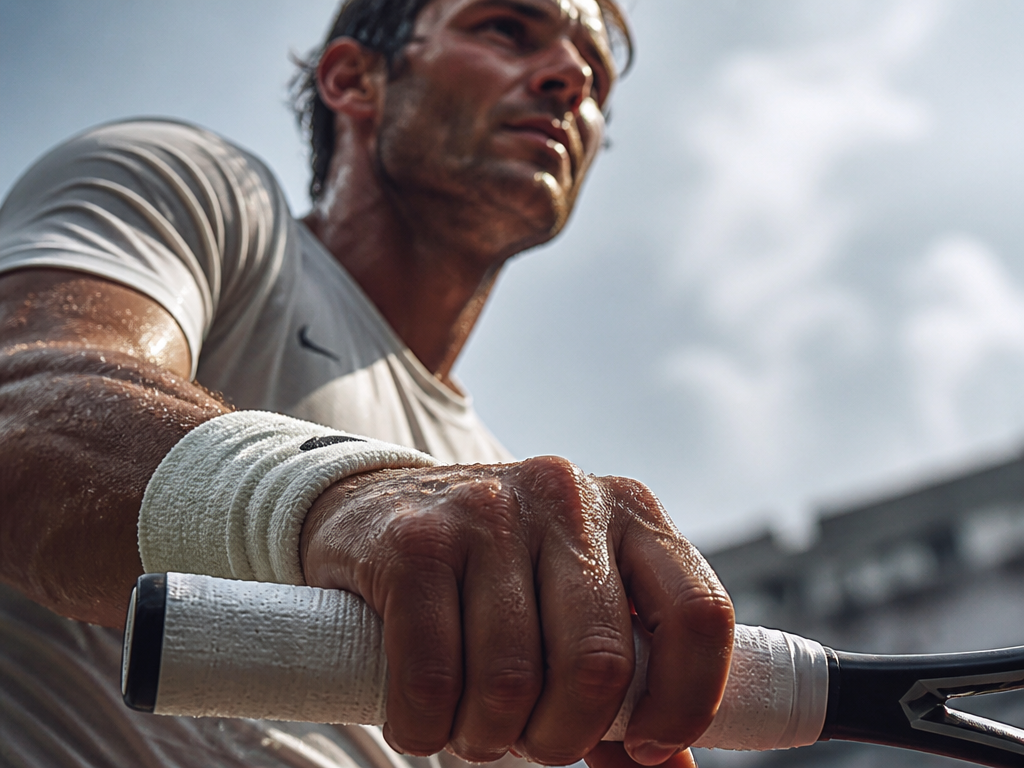 Dynamic low-angle photograph of a tennis player's hand gripping a racquet handle after thirty…