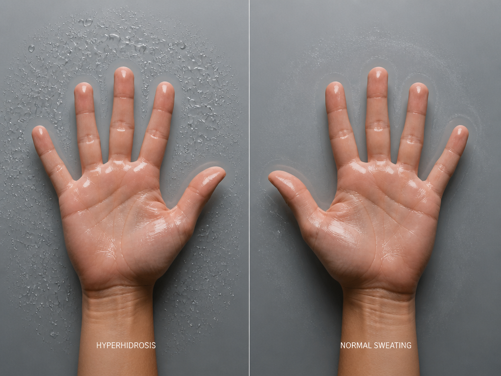 Split composition photograph of two sweaty palms pressed against a smooth glass table, viewed…