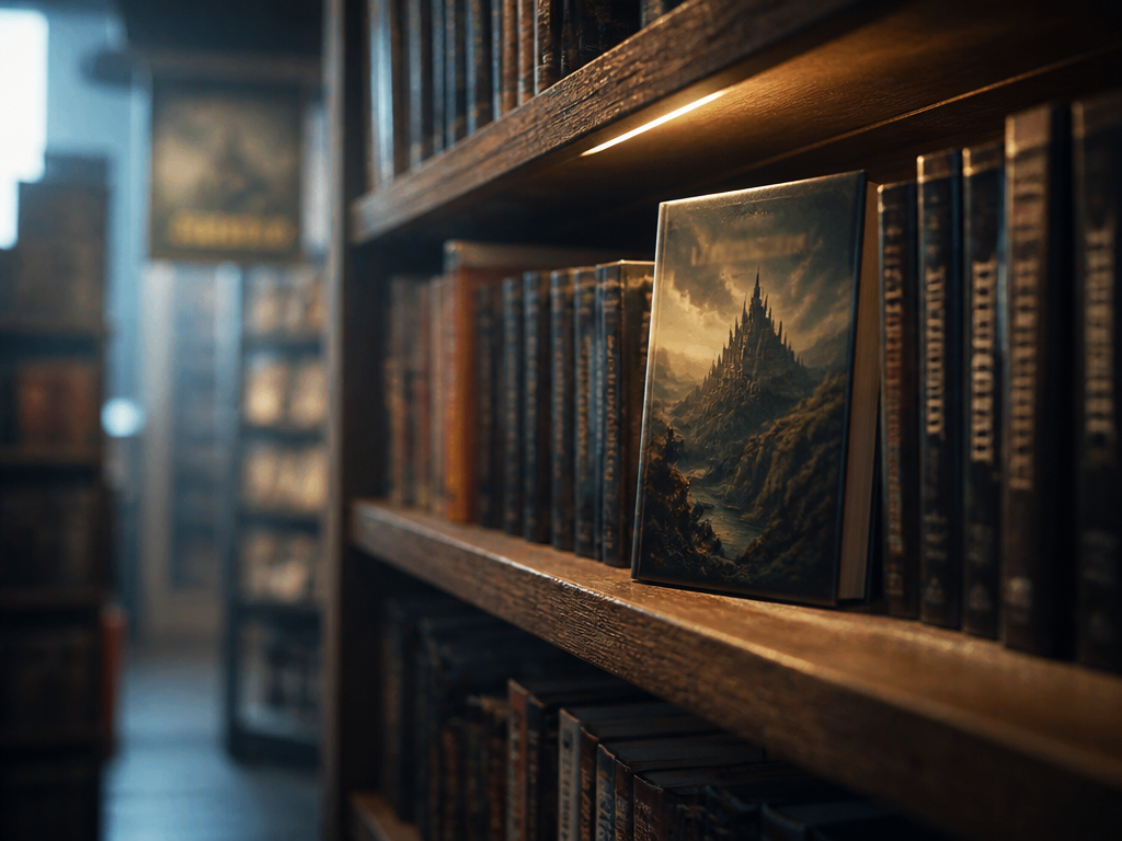 A quiet independent bookshop interior photographed at eye level, a shelf of fantasy paperbacks…