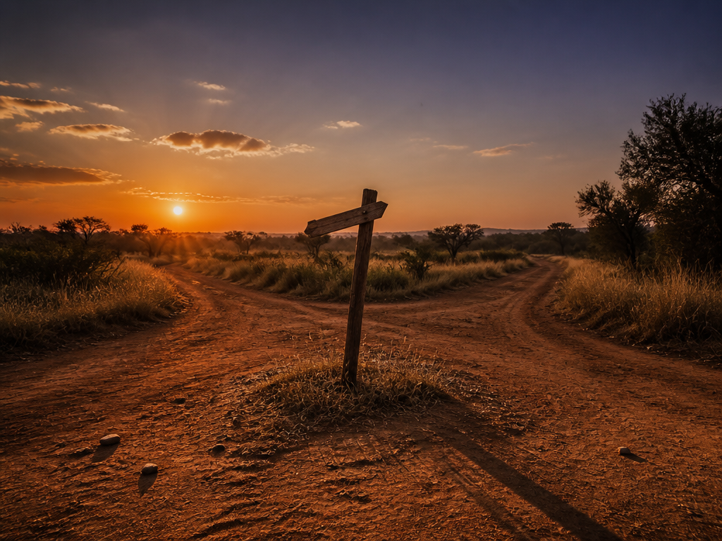A weathered dirt crossroads at dusk in West Africa, four red-earth paths meeting at…