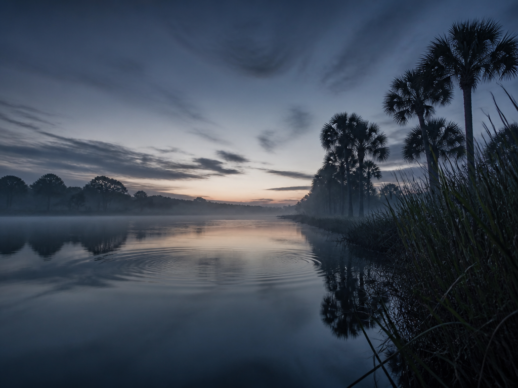 A dark still river at dawn photographed from the low bank, mist lying flat…