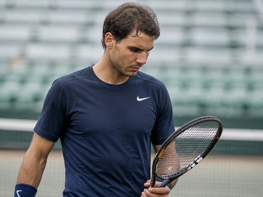 A tight waist-up portrait of a male tennis player in his mid-30s standing still…
