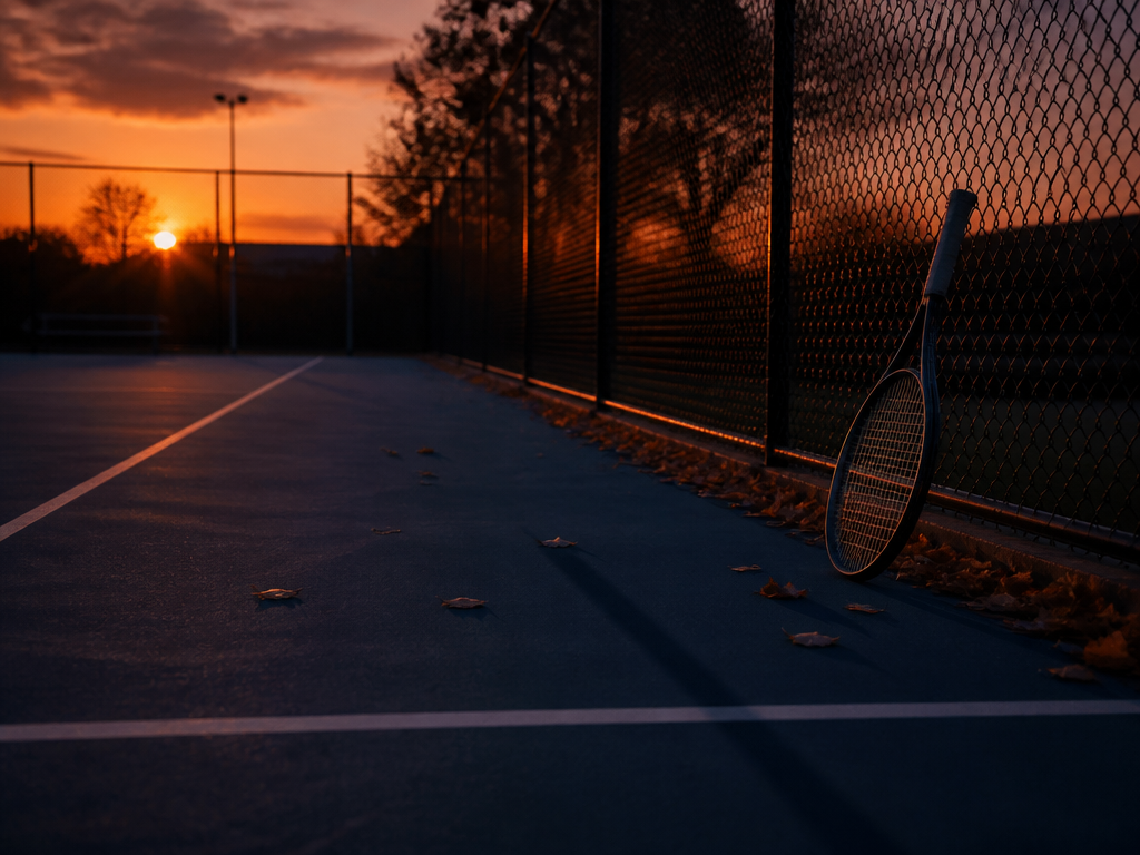 A dimly lit tennis court at dusk, empty except for a single tennis racquet…
