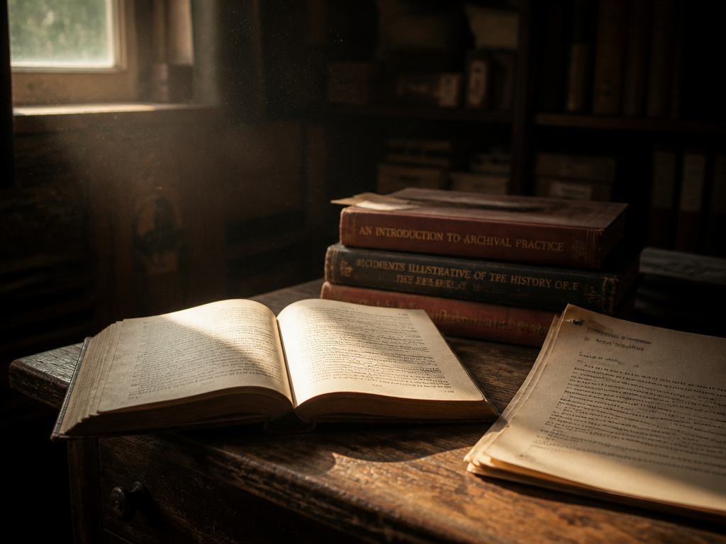 A photorealistic still-life photograph of a worn wooden reading table in a dim archive…