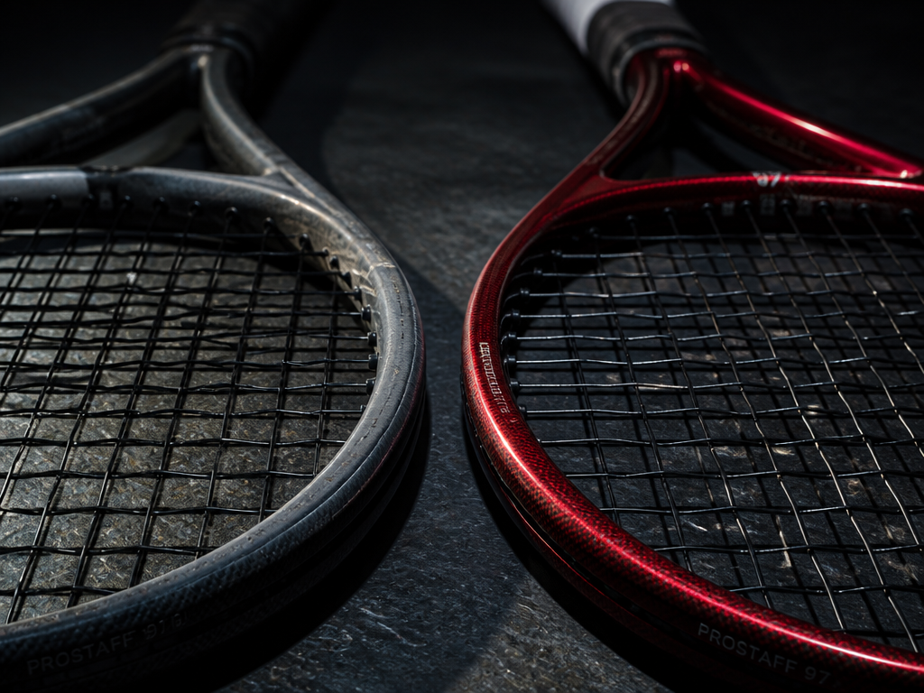 A close-up macro photograph of two tennis racquet frames lying side by side on…