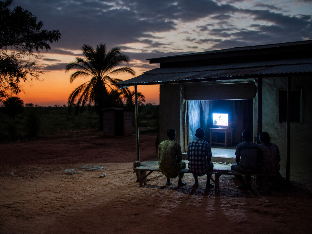 A photorealistic dusk photograph of a rural Nigerian roadside compound far from any cinema…