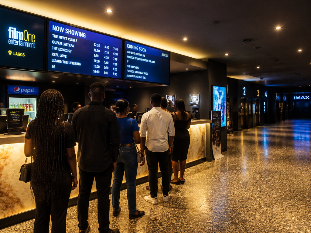 A wide-angle photorealistic night photograph of a modern multiplex cinema lobby in Lagos, Nigeria…