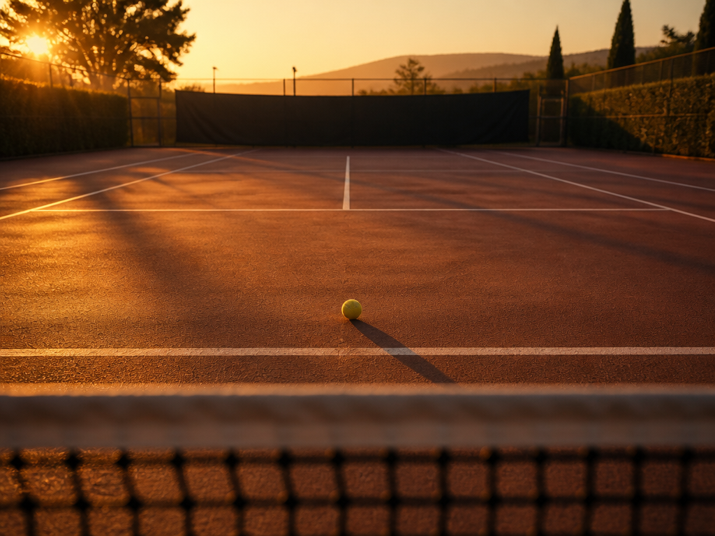 A medium shot of a tennis court viewed from behind the baseline at golden…