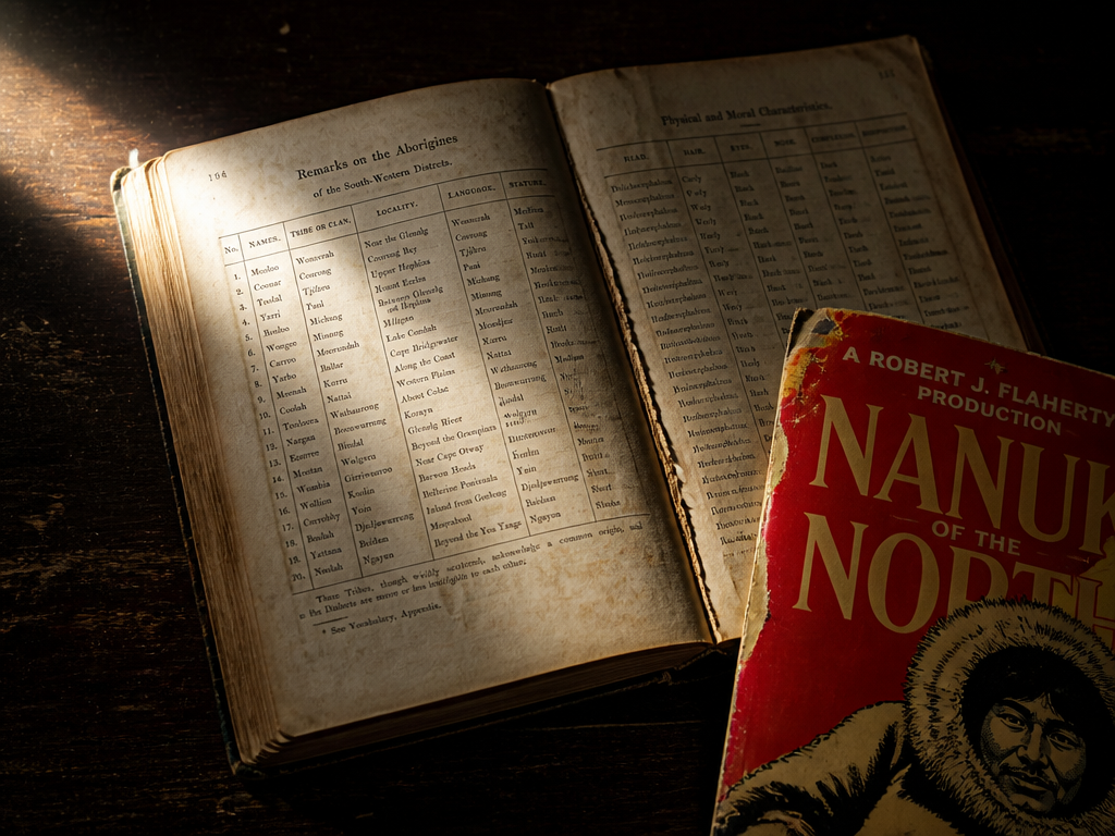A tight overhead still-life photograph on a scarred wooden table: a cracked-spine nineteenth-century missionary…