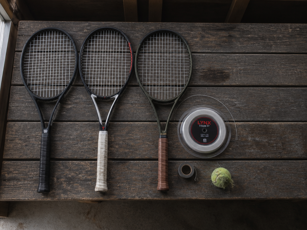 An overhead flat-lay photograph on a weathered wooden bench, showing three tennis racquets laid…