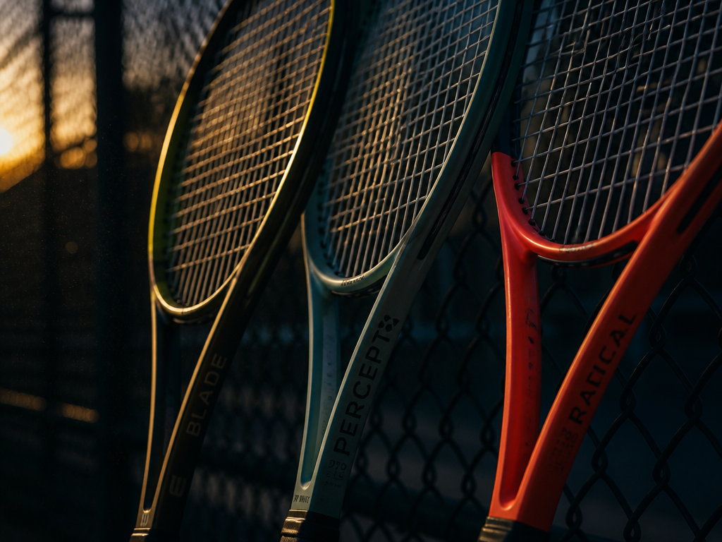 A close-up macro photograph of three tennis racquets resting against a shadowy court fence…