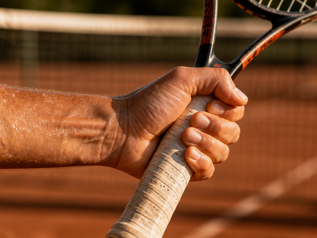 A close-up photograph of a tennis player's hand gripping a racquet handle on a…