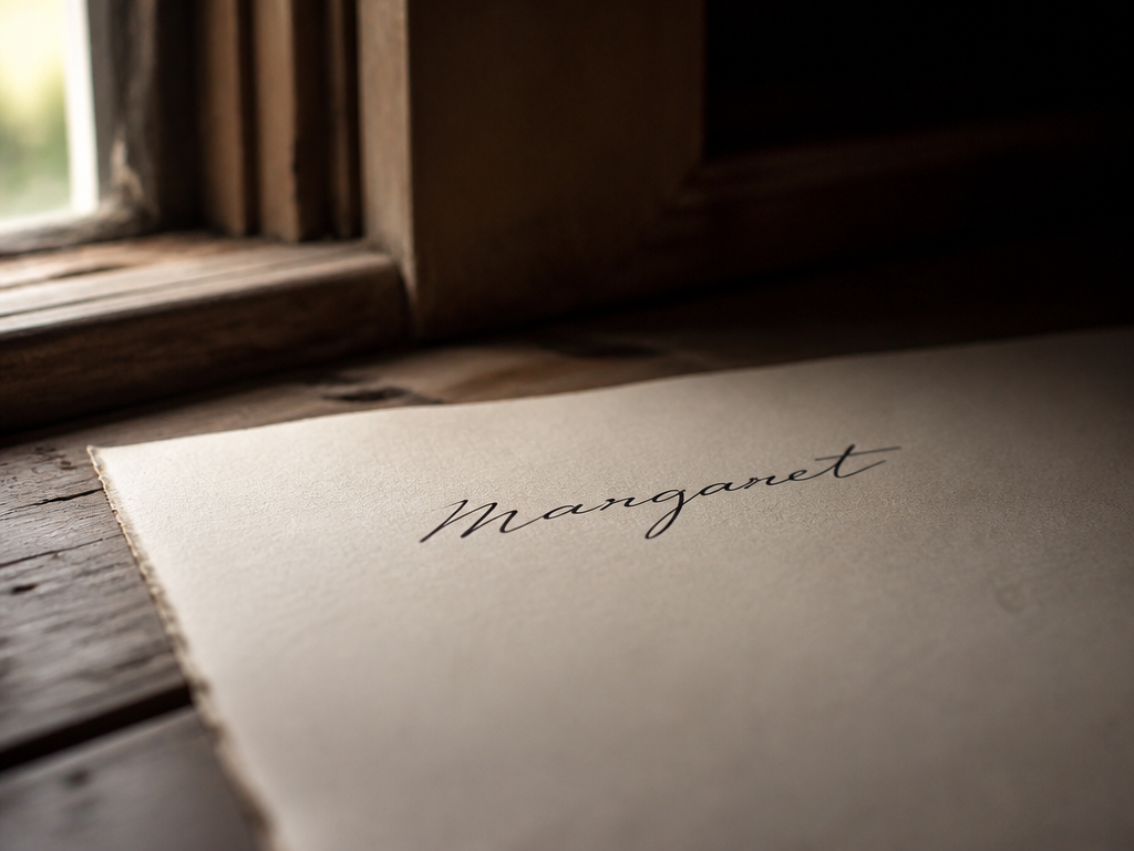 A photorealistic close-up photograph of a handwritten name on soft cream paper in dark…