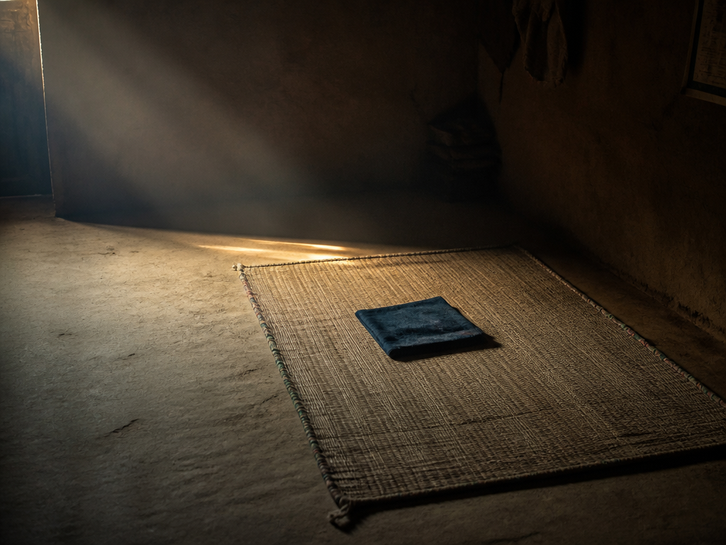 A photorealistic photograph of an empty child's sleeping mat on a swept earthen floor…
