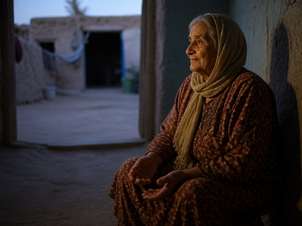 A photorealistic environmental portrait of an older woman seated on a low stool in…