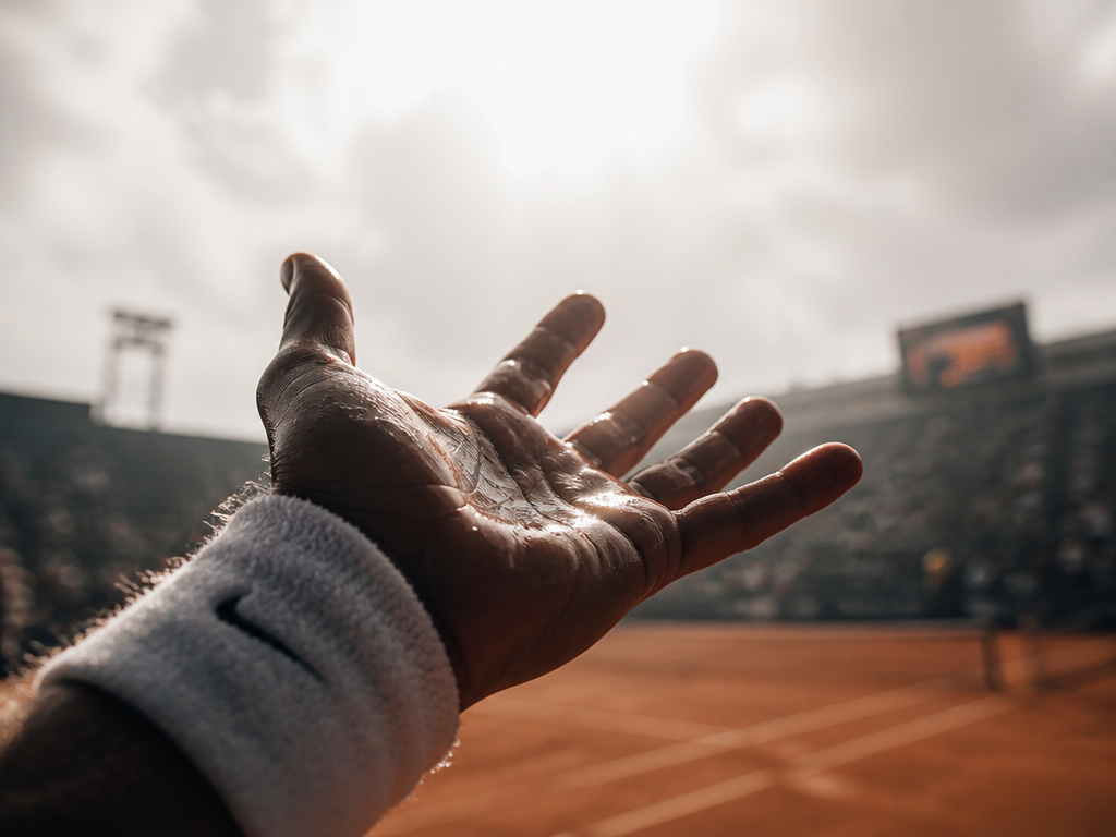 A moody low-angle photograph of a tennis player's empty hand opening toward the camera…