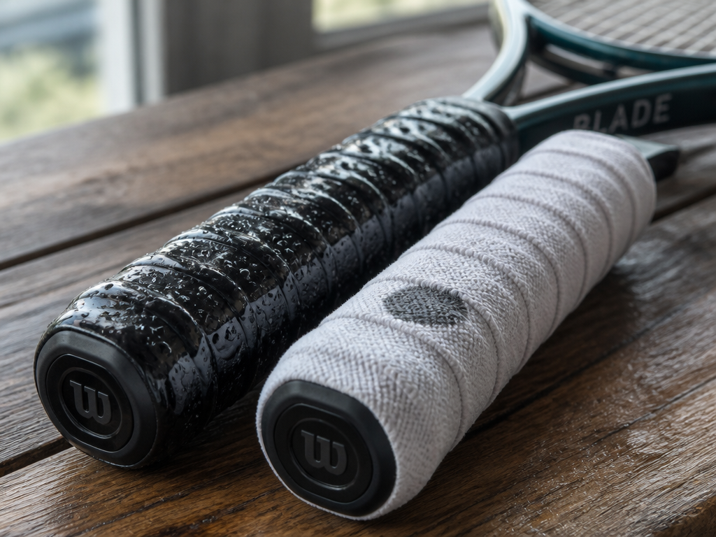 A high-detail macro shot of two tennis overgrips side by side on a wooden…