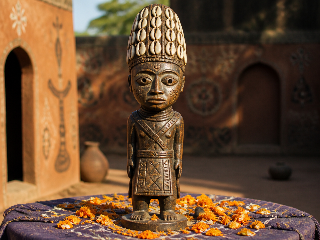 A carved wooden shrine figure with a cowrie-shell headdress standing on a cloth-covered altar…