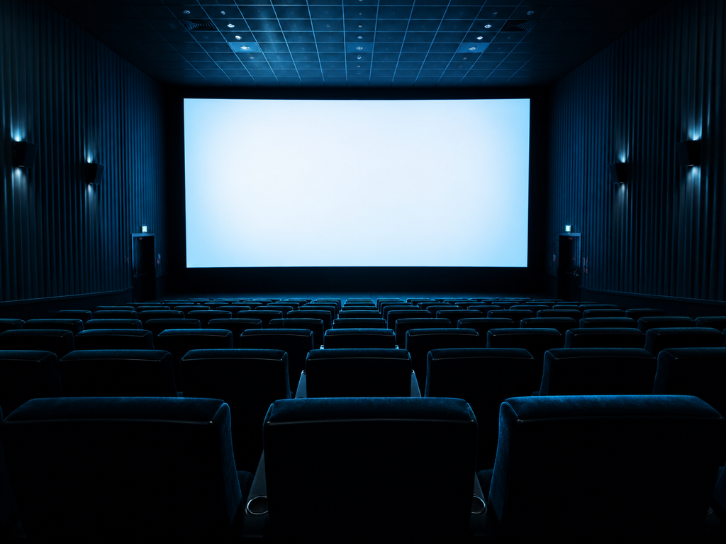 A darkened cinema auditorium photographed from the back row, empty velvet seats receding in…