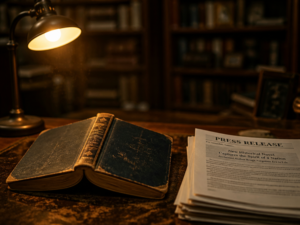 A weathered hardcover novel lying open face-down on a scarred wooden table beside a…