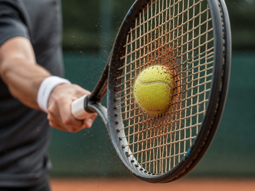 A tennis ball mid-flight, captured at the exact moment of impact against a tennis…