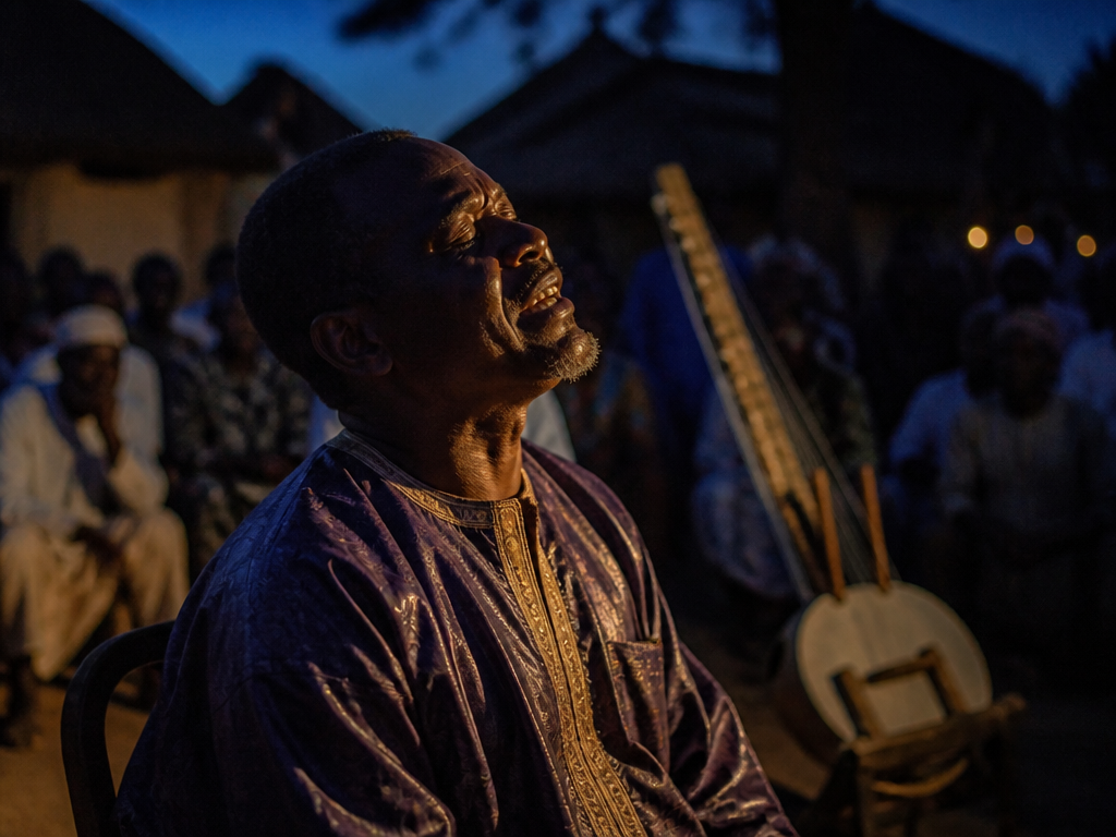 A griot performer photographed mid-performance in a dim village compound at dusk, seated, head…