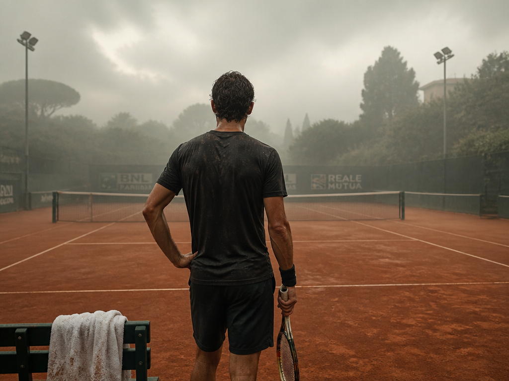Medium shot of a tennis player standing still on a clay court after a…