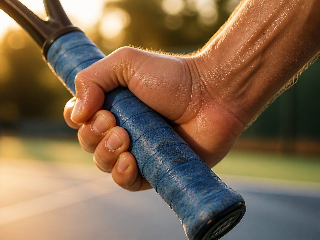 Close-up macro shot of a tennis racquet handle wrapped in a worn, moisture-absorbent blue…