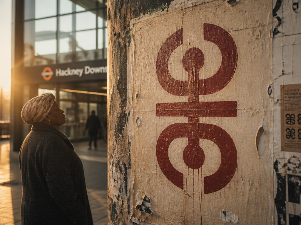 A close-up documentary photograph of a weathered urban hoarding wall outside a train station…