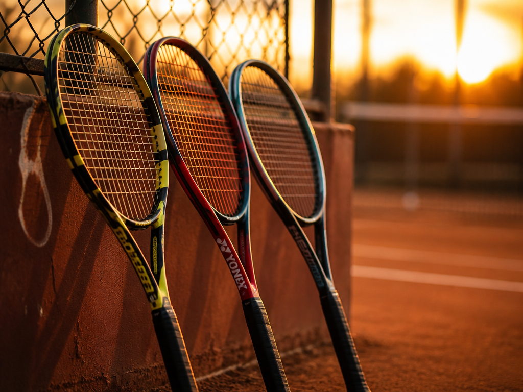 A low-angle close-up photograph of three tennis racquets leaning against a worn red clay…