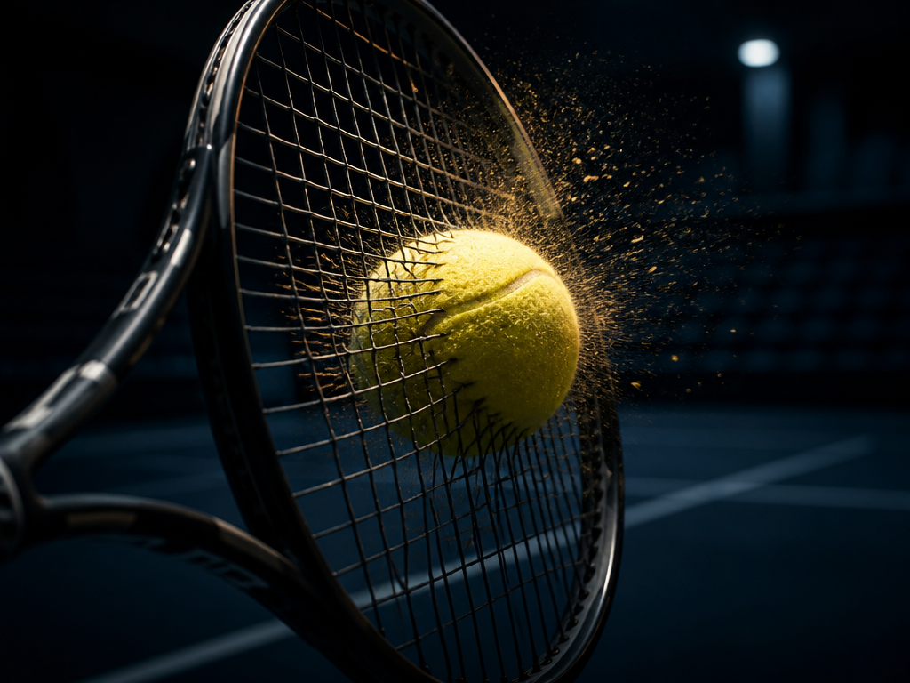 A tight macro photograph of a tennis ball compressing against the strings of a…